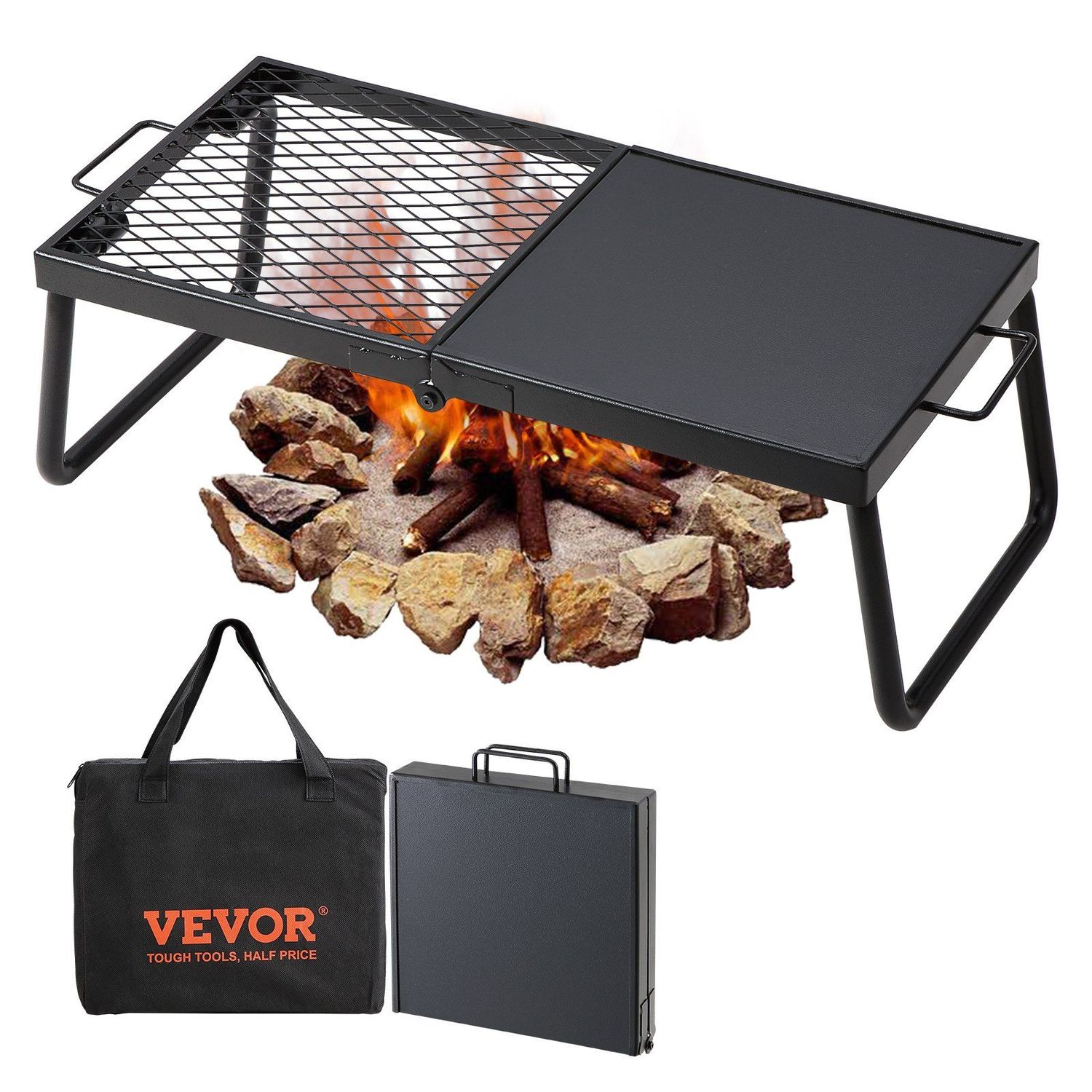 22.4&quot; Folding Campfire Grill Steel Rack w/ Legs + Bag