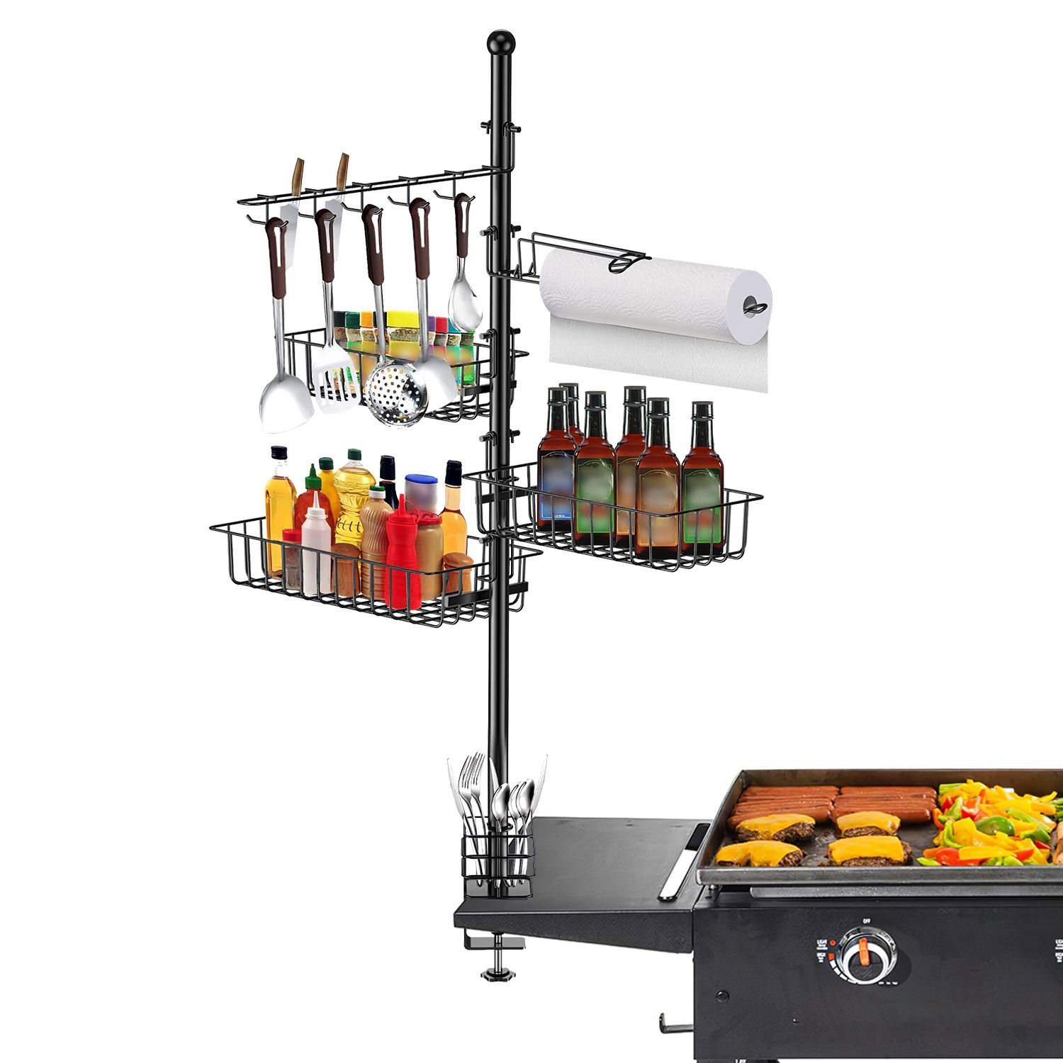 BBQ Griddle Caddy Organizer w/ Paper Towel Holder + Hooks ¨C Black