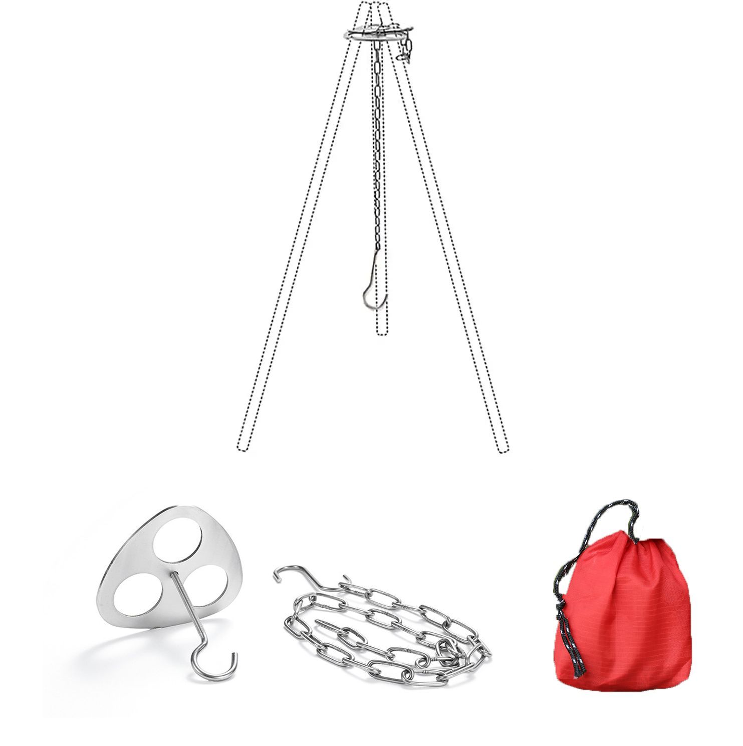 Camping Tripod Board w/ Adjustable Chain for Hanging Cookware ¨C Silver