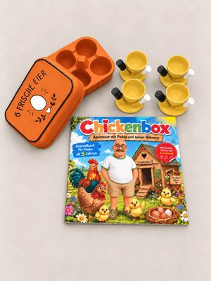 Chickenbox-Set (4 Eierbecher Gelb, Eierbox Orange & Ausmalbuch)