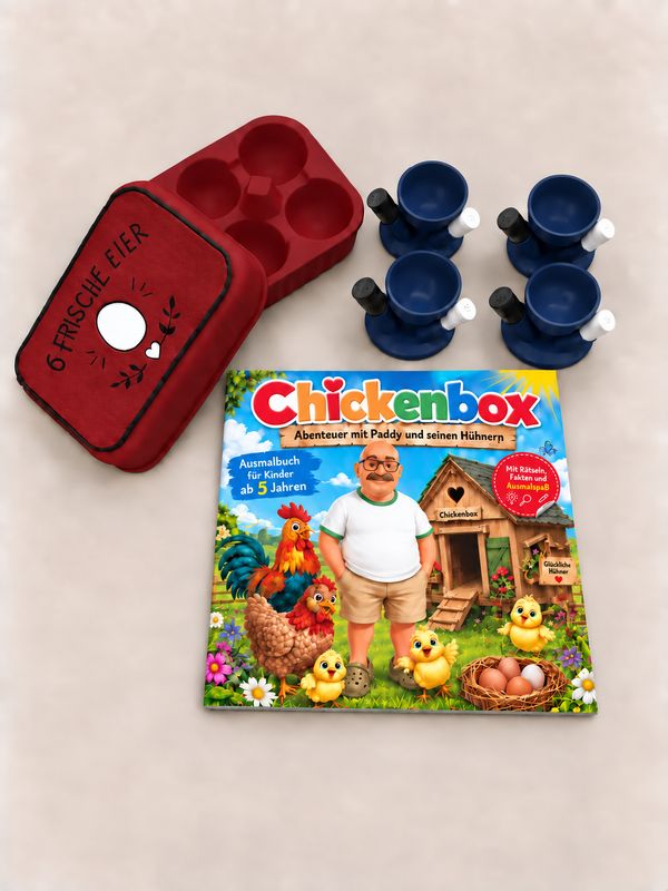 Chickenbox-Set (4 Eierbecher Rot, Eierbox Blau & Ausmalbuch) Chickenbox-Set (4 Eierbecher Rot, Eierbox Blau & Ausmalbuch)