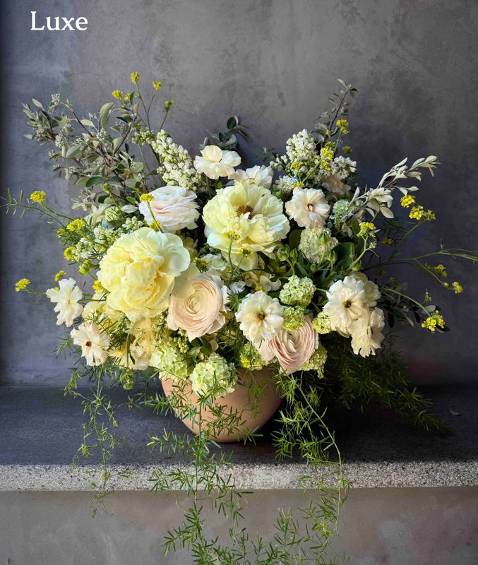 Luxe Designer's Choice Mother's Day arrangement with peonies, ranunculus, and trailing greenery by Le Bouquet SF