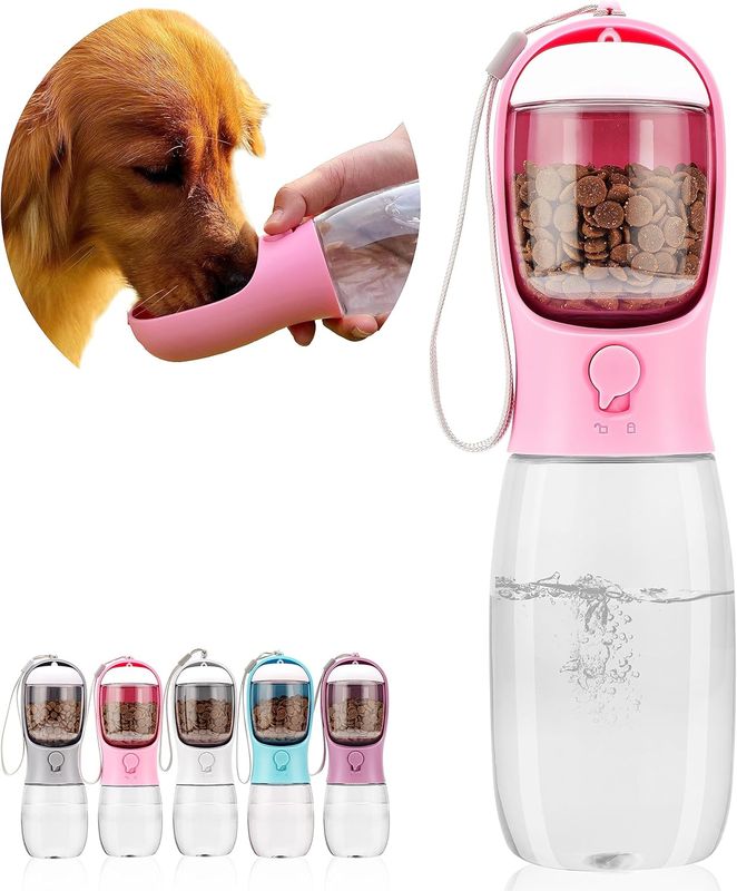 Portable Water Bottle with Food Container for Pets-Pink