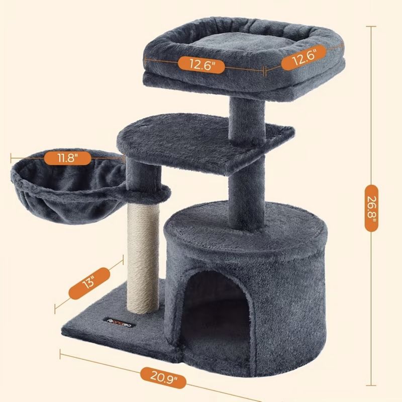 Light Grey Cat Tree, Small Cat Tower &amp; Condo with featuring Scratching Post &amp; Basket, Multi-level