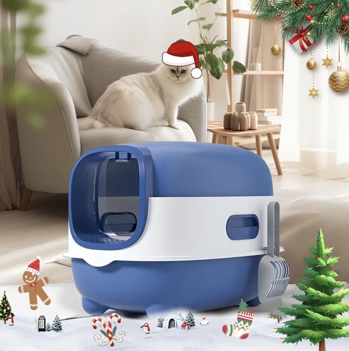 Enclosed Cat Litter Box with Scoop litter - Blue Color