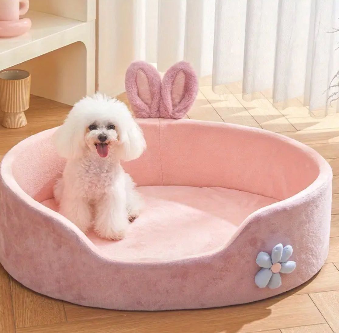 Pink Round Plush Bed with Rabbit Ears