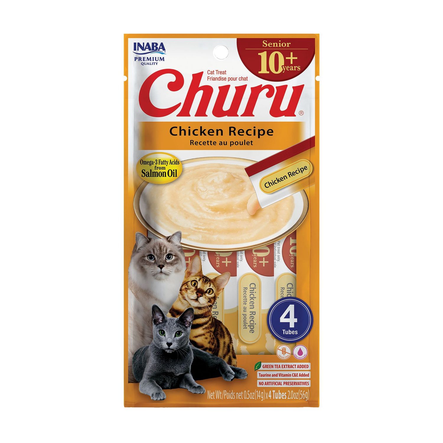 Inaba Churu Senior 10+ Purees Chicken Recipe Cat Treats, 4 Pk 2 oz.