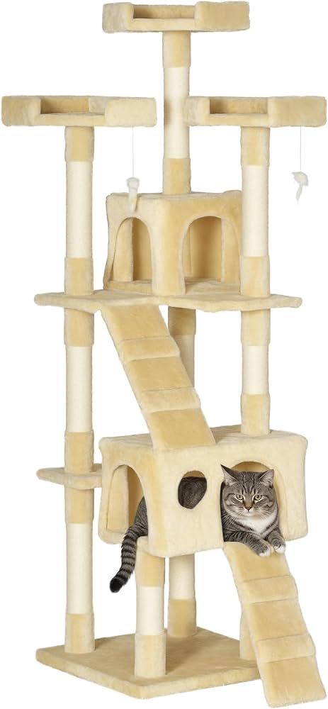 68” Large Cat Tower-Condo with Scratching Posts in Beige