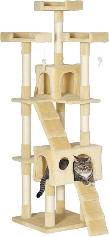 68” Large Cat Tower-Condo with Scratching Posts in Beige