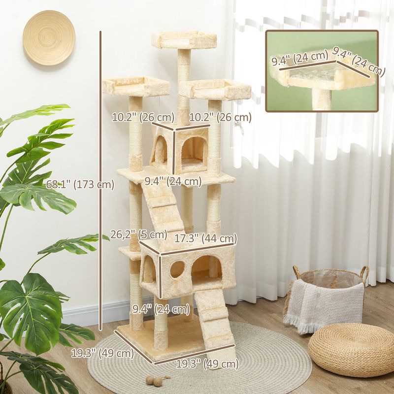 68” Large Cat Tower-Condo with Scratching Posts in Beige
