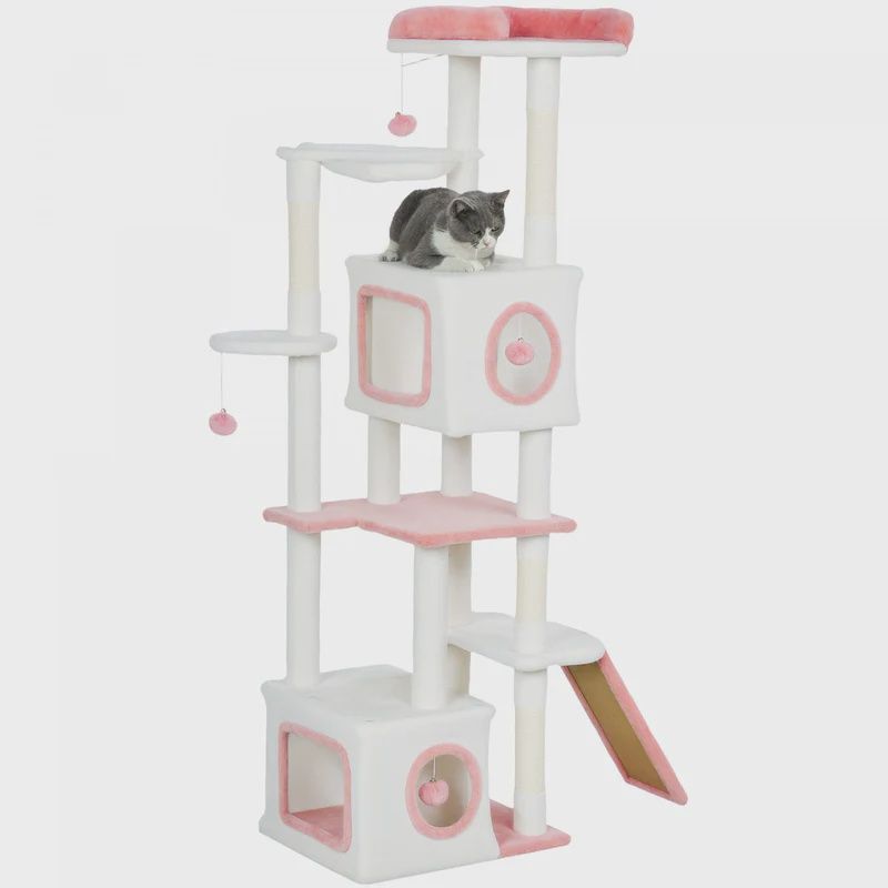 65” Cat Tree  with Scratching Ramp Multilevel &amp; Condos in Pink-White