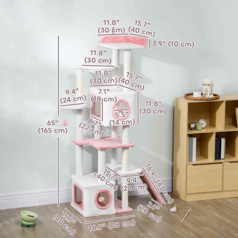 65” Cat Tree  with Scratching Ramp Multilevel &amp; Condos in Pink-White