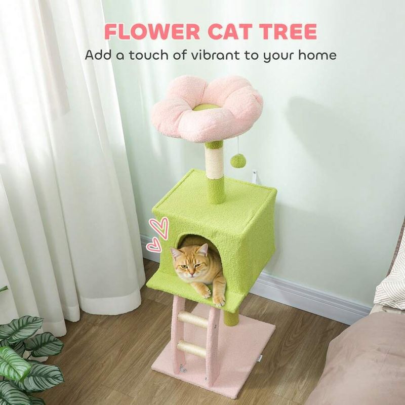 48” Pink Flower Green Cat Tree Multilevel with Climbing Ladder