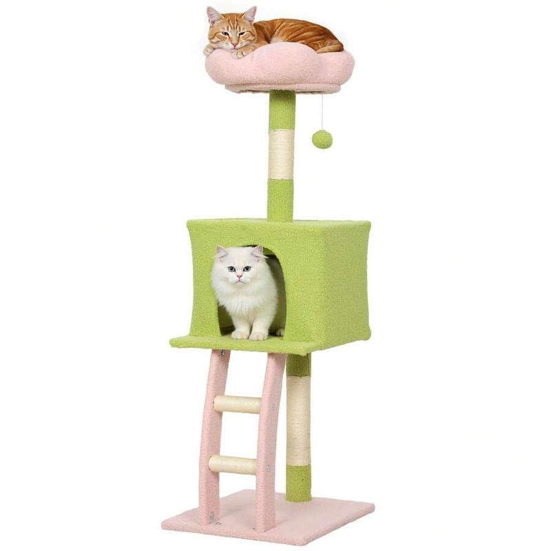 48” Pink Flower Green Cat Tree Multilevel with Climbing Ladder