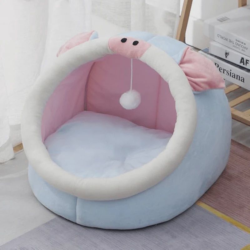 One For Pets Cat Bed Semi-inclosed Blue Piggy with Teaser