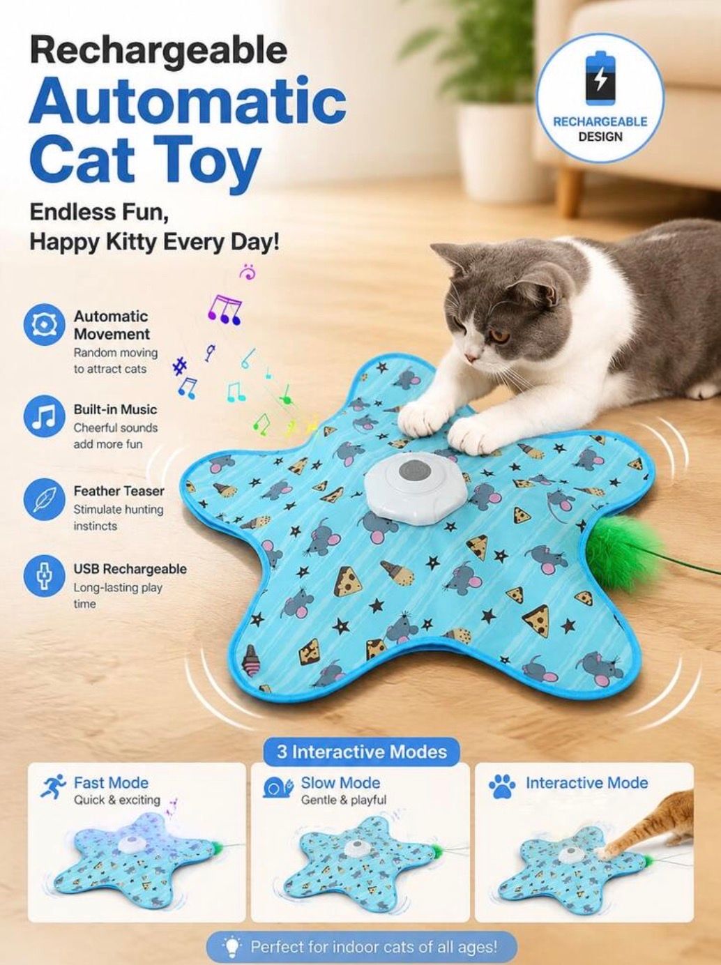 Automatic Rechargeable Interactive Cat Toy  with Feather &amp; Chirping Sound