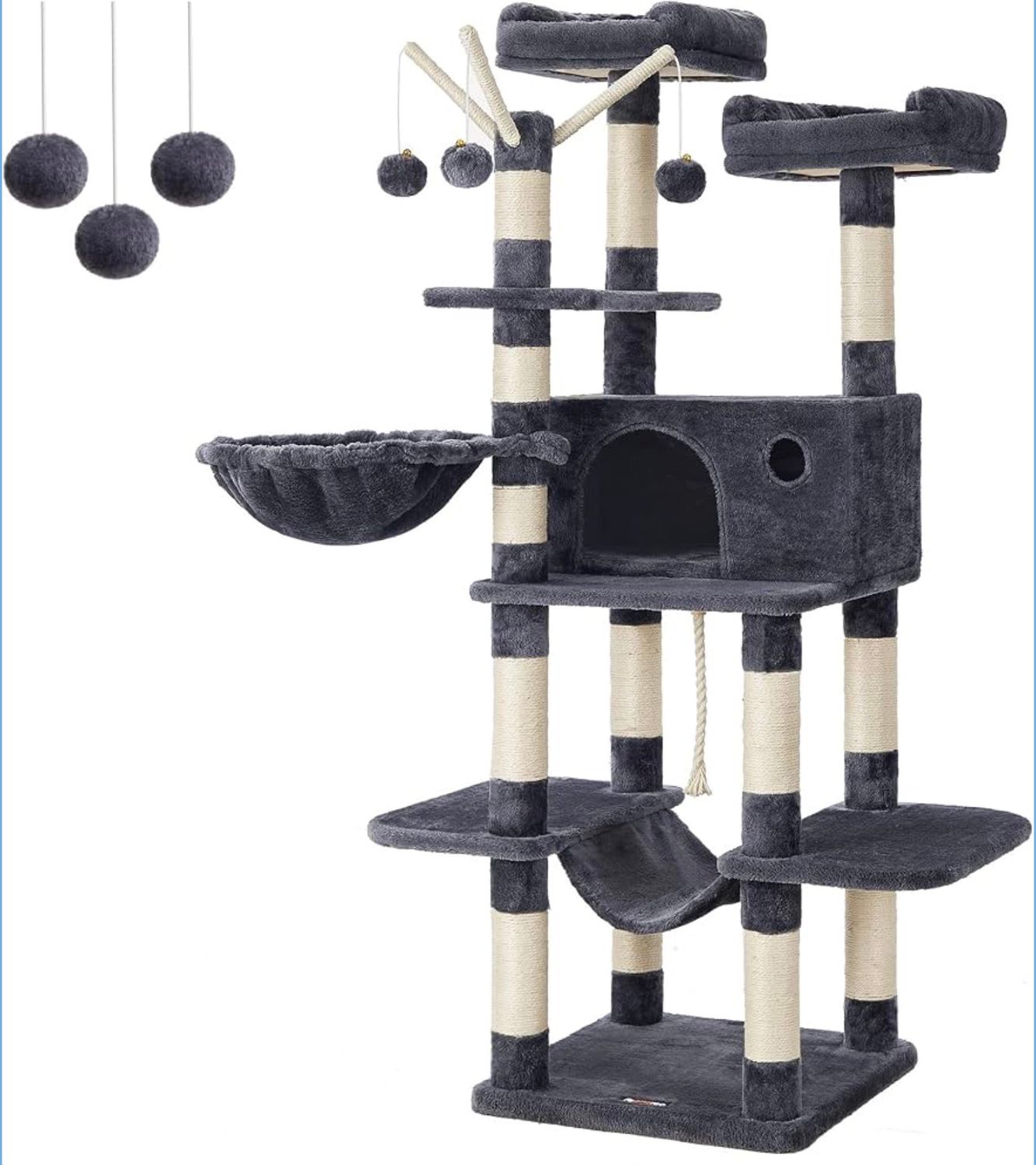 64.6” Large Grey Cat Tree with Removable Pom Pom