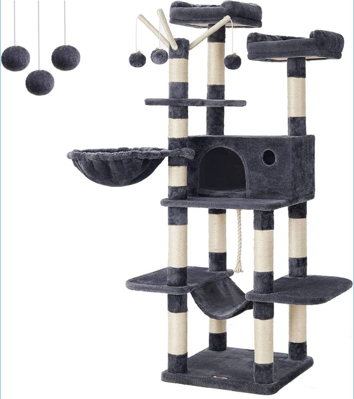 64.6” Large Grey Cat Tree with Removable Pom Pom