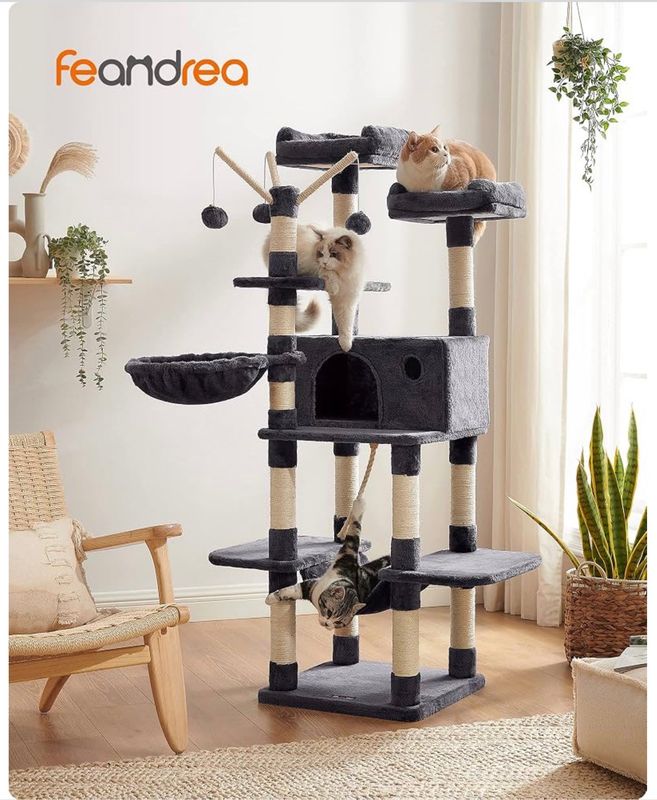 64.6” Large Grey Cat Tree with Removable Pom Pom