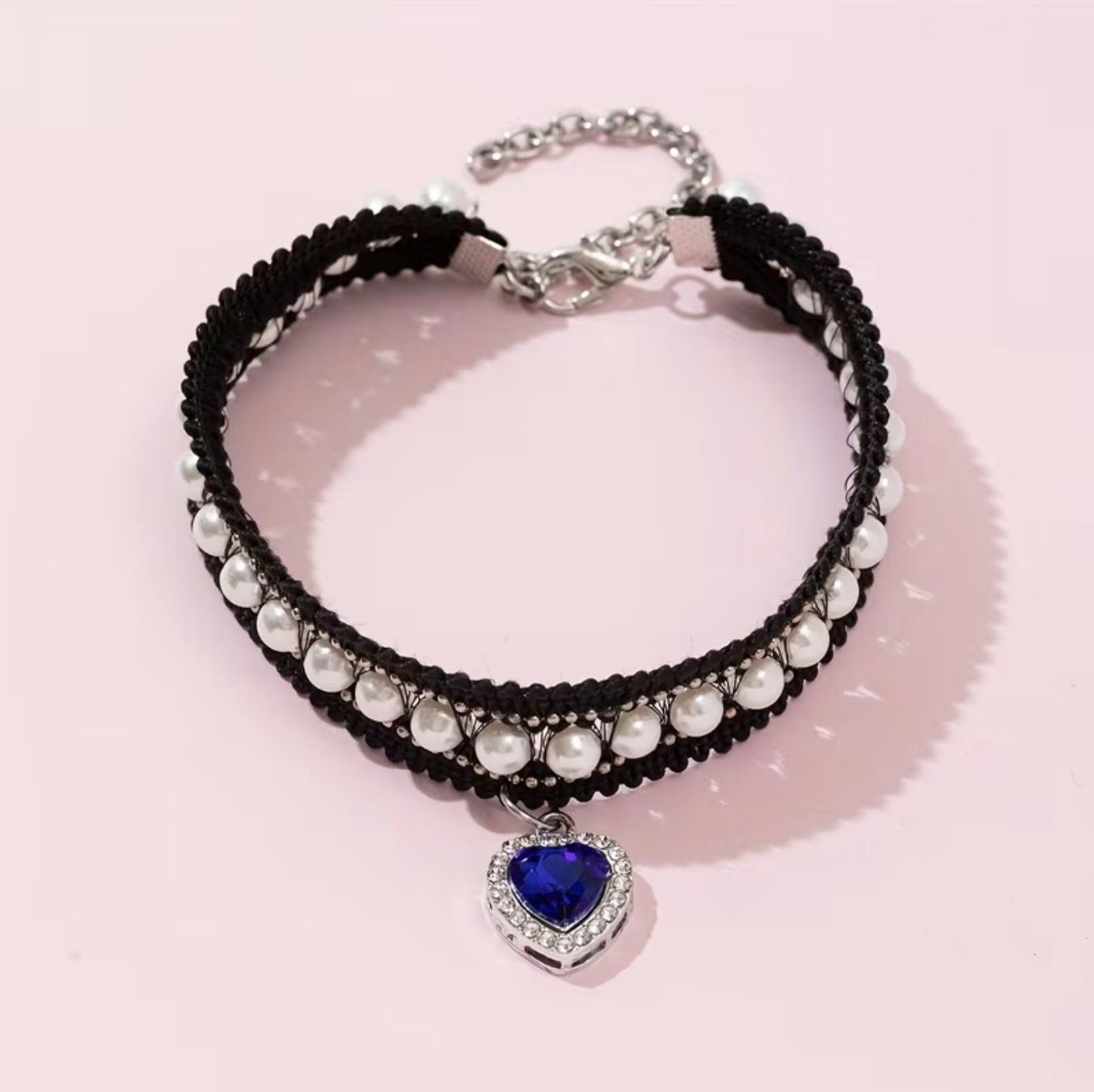 Adjustable Pet Collar with Pearl Netted Lace &amp; Heart Charm, Style: Black Lace Blue Heart - M