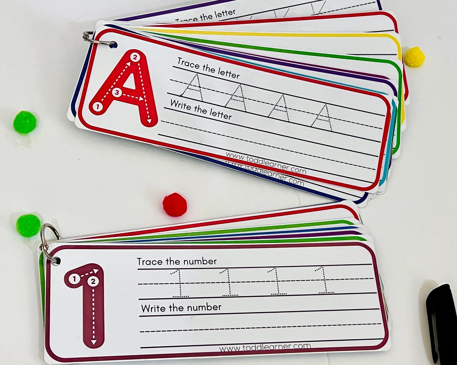 Premium English Writing Practice Book Cards with numbers (1-10). Tracing Letters with directions.