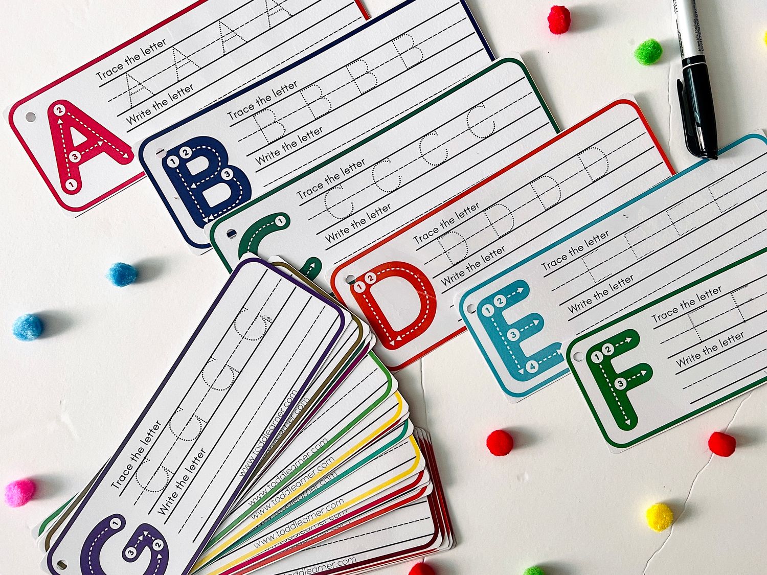 Premium English Writing Practice Book Cards with numbers (1-10). Tracing Letters with directions.