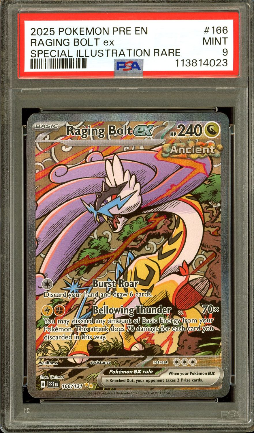 Pokemon Prismatic Evolutions 2025 - Raging Bolt EX #166 - PSA 9