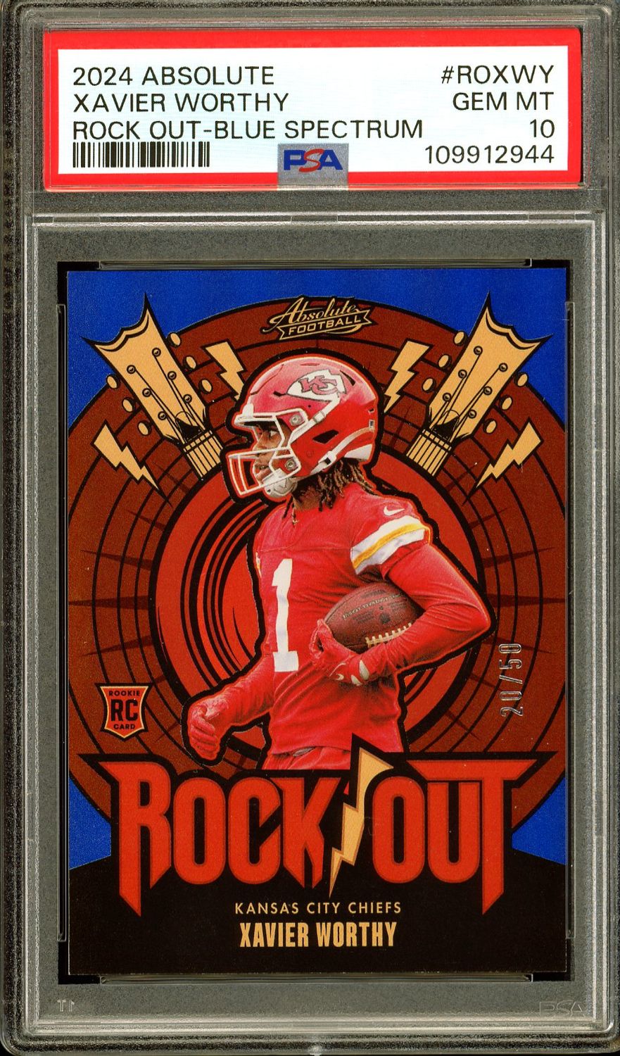 Panini Absolute Football 2024 Rock Out - Xavier Worthy RC Blue Spectrum 20/50 #RO-XWY - PSA 10