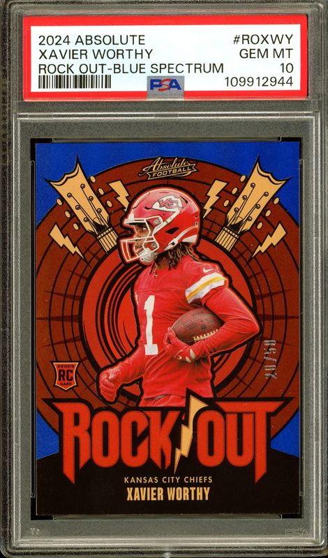 Panini Absolute Football 2024 Rock Out - Xavier Worthy RC Blue Spectrum 20/50 #RO-XWY - PSA 10