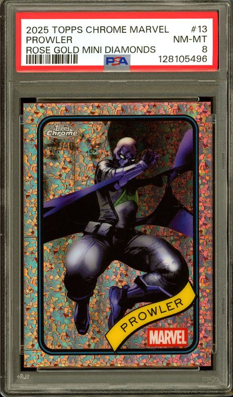 Topps Chrome Marvel 2025 - Prowler Rose Gold Mini Diamonds 22/40 #13 - PSA 8