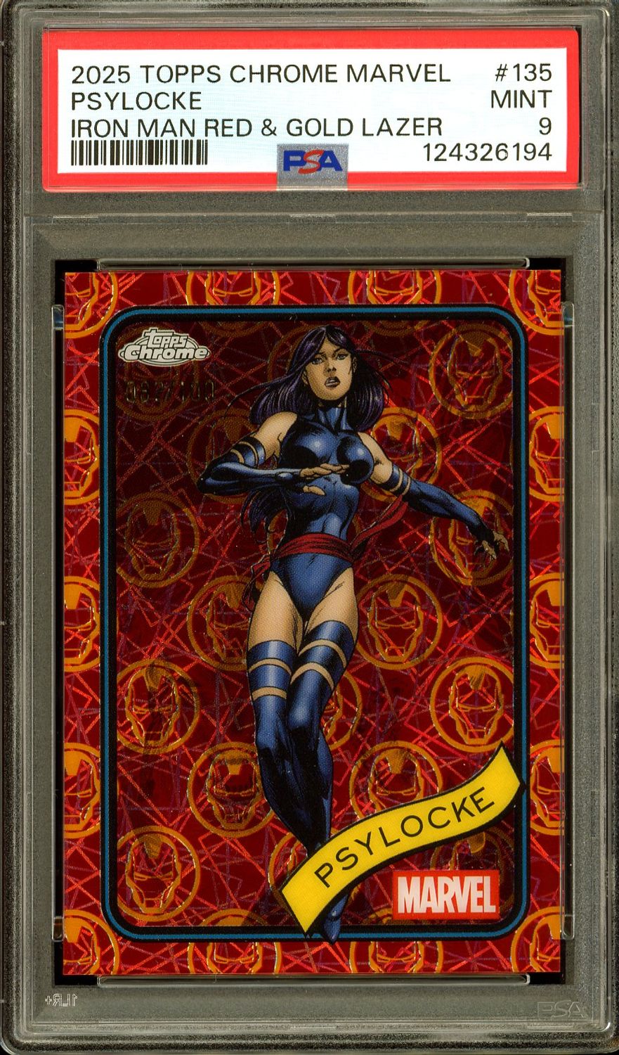 Topps Chrome Marvel 2025 - Psylocke Iron Man Red &amp; Gold Lazer 82/100 #135 - PSA 9