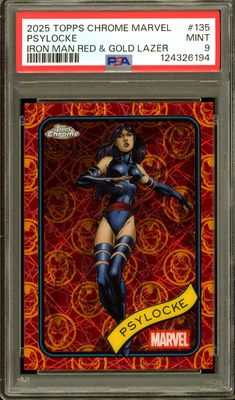 Topps Chrome Marvel 2025 - Psylocke Iron Man Red &amp; Gold Lazer 82/100 #135 - PSA 9