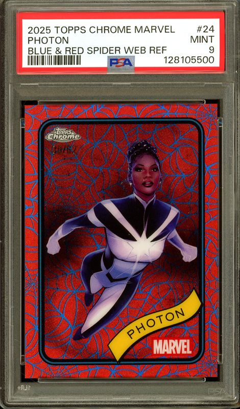 Topps Chrome Marvel 2025 - Photon Blue &amp; Red Spider Web 30/62 #24 - PSA 9