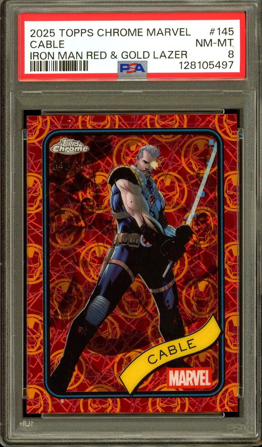 Topps Chrome Marvel 2025 - Cable Iron Man Red &amp; Gold Lazer 40/100 #145 - PSA 8