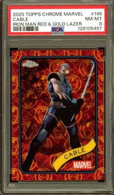 Topps Chrome Marvel 2025 - Cable Iron Man Red &amp; Gold Lazer 40/100 #145 - PSA 8