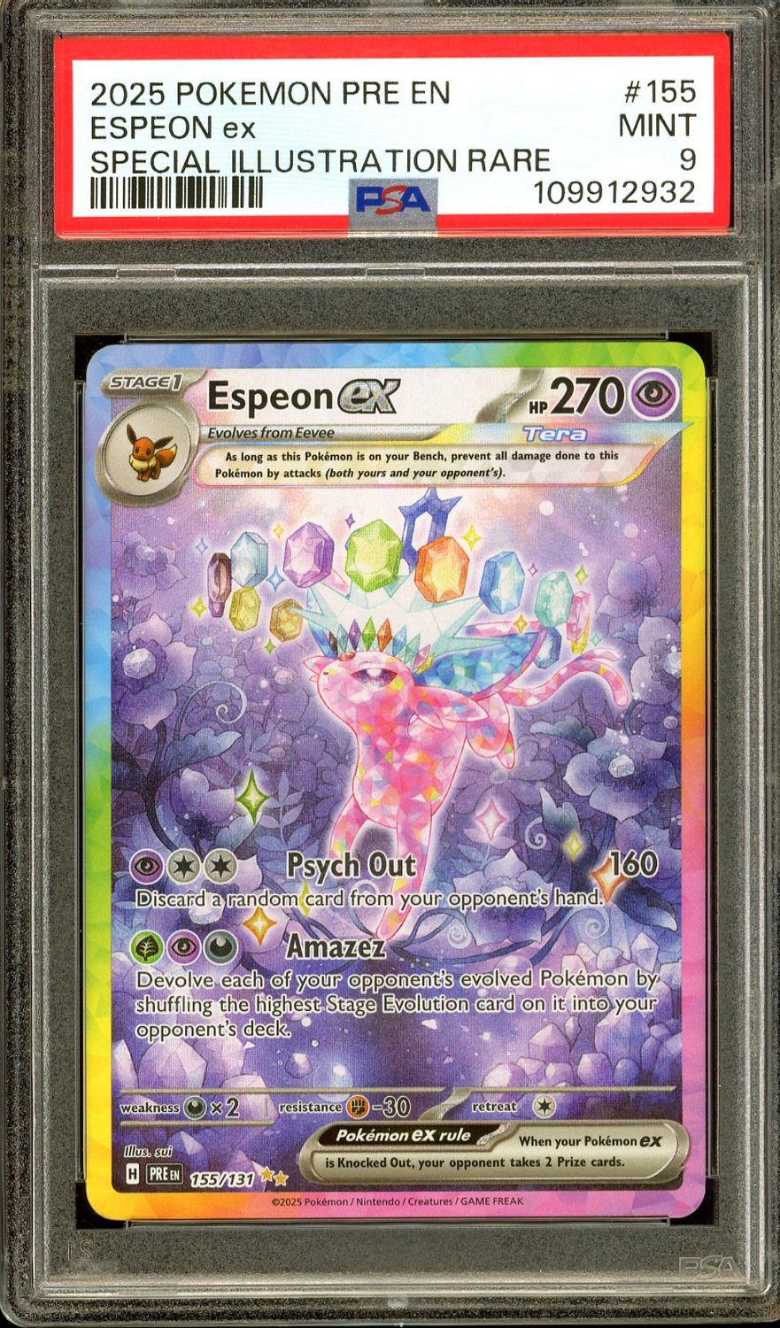 Pokemon Prismatic Evolutions 2025 - Espeon EX #155 - PSA 9