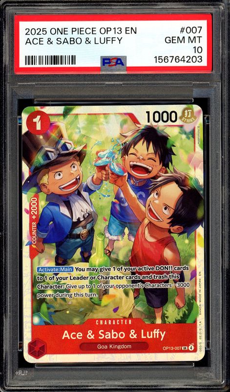 One Piece Carrying On His Will 2025 - Ace &amp; Sabo &amp; Luffy #OP13-007 - PSA 10