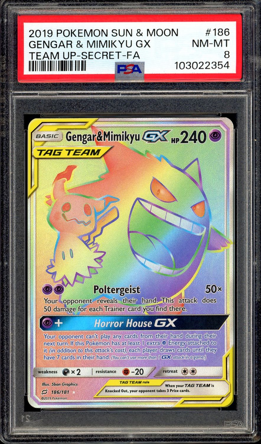 Pokemon Team Up 2019 - Gengar &amp; Mimikyu GX #186 - PSA 8