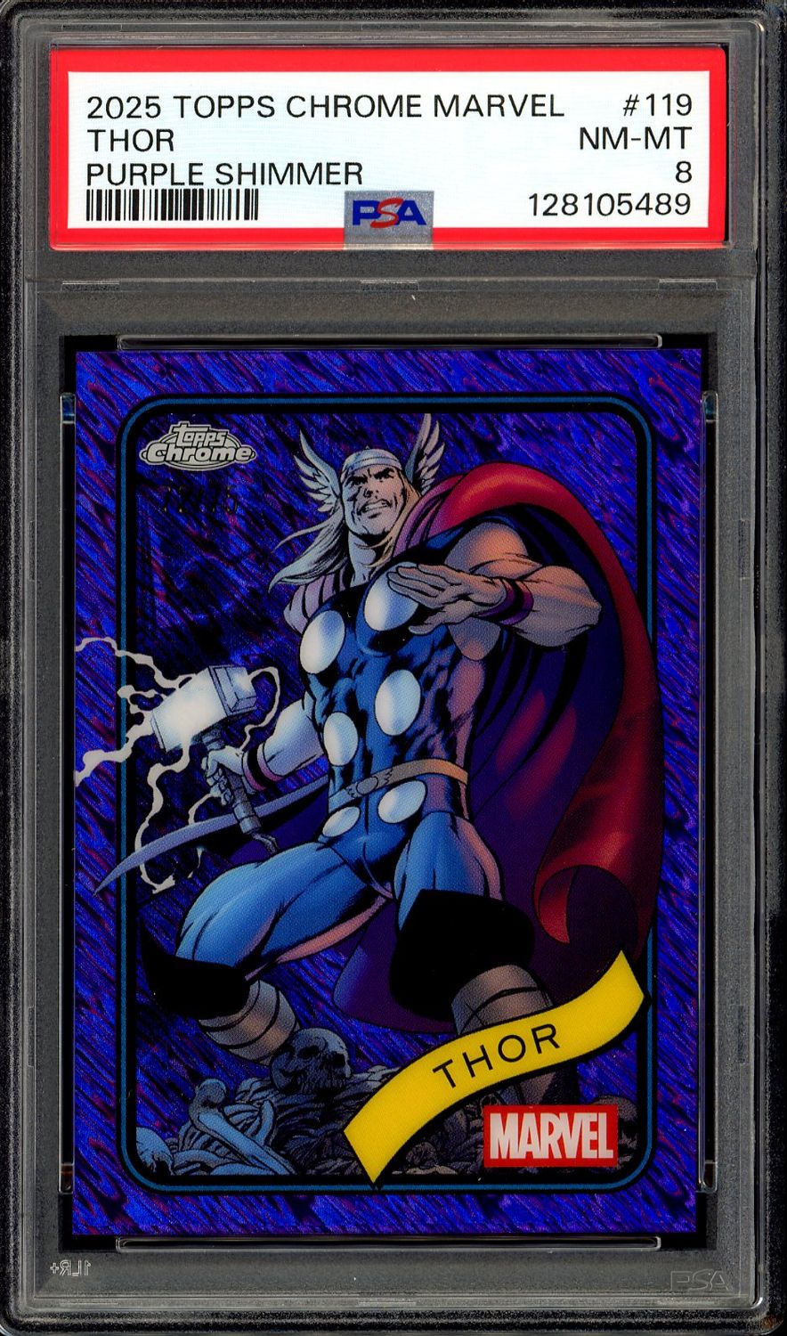 Topps Chrome Marvel 2025 - Thor Purple Shimmer 72/75 #119 - PSA 8