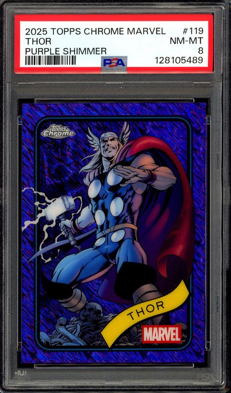 Topps Chrome Marvel 2025 - Thor Purple Shimmer 72/75 #119 - PSA 8