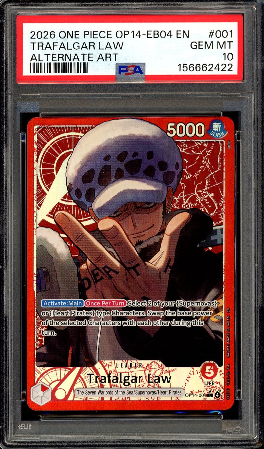 One Piece Azure Sea’s Seven 2026 - Trafalgar Law #OP14-001 - PSA 10