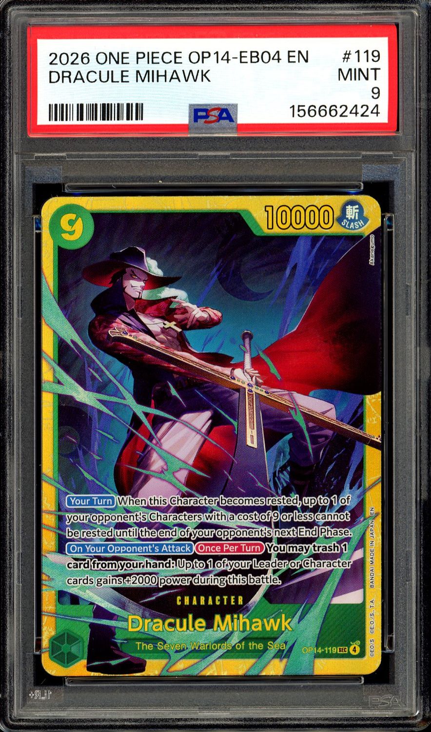 One Piece Azure Sea’s Seven 2026 - Dracule Mihawk #OP14-119 - PSA 9