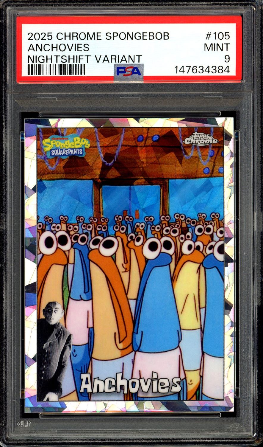 Topps Chrome SpongeBob SquarePants 2025 - Anchovies Nightshift Variant #105 - PSA 9