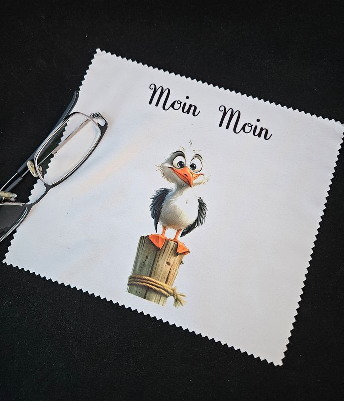 Brillenputztuch mit Möwe auf Poller