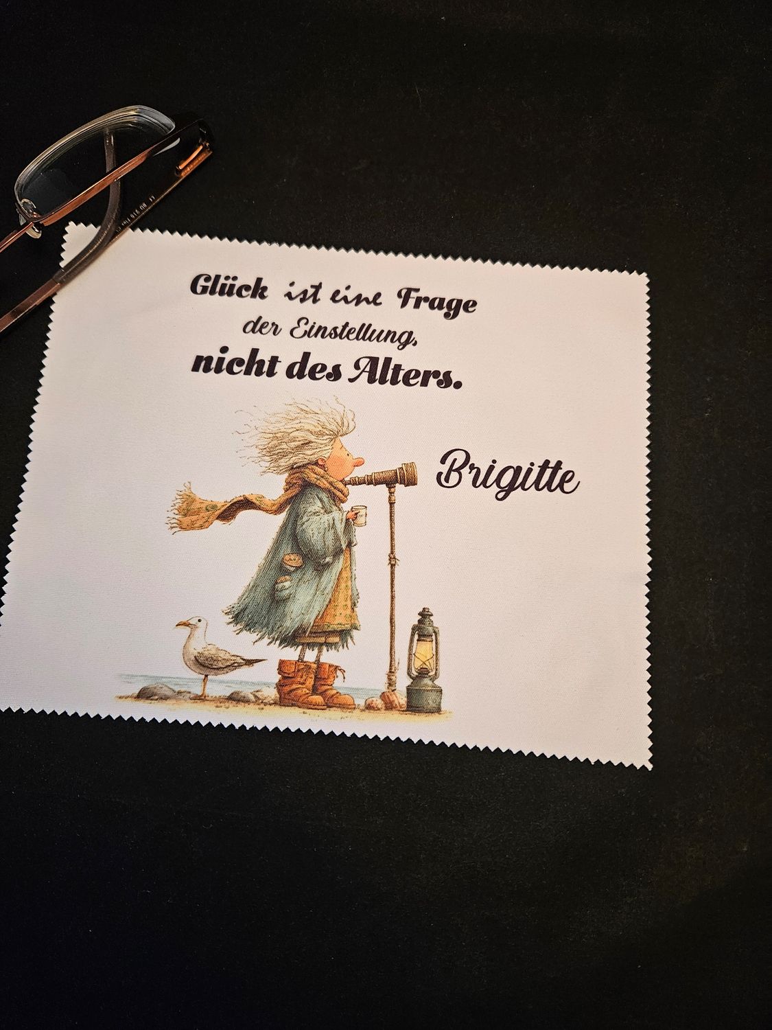 Brillenputztuch Dame am Teleskop