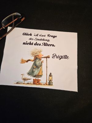 Brillenputztuch Dame am Teleskop