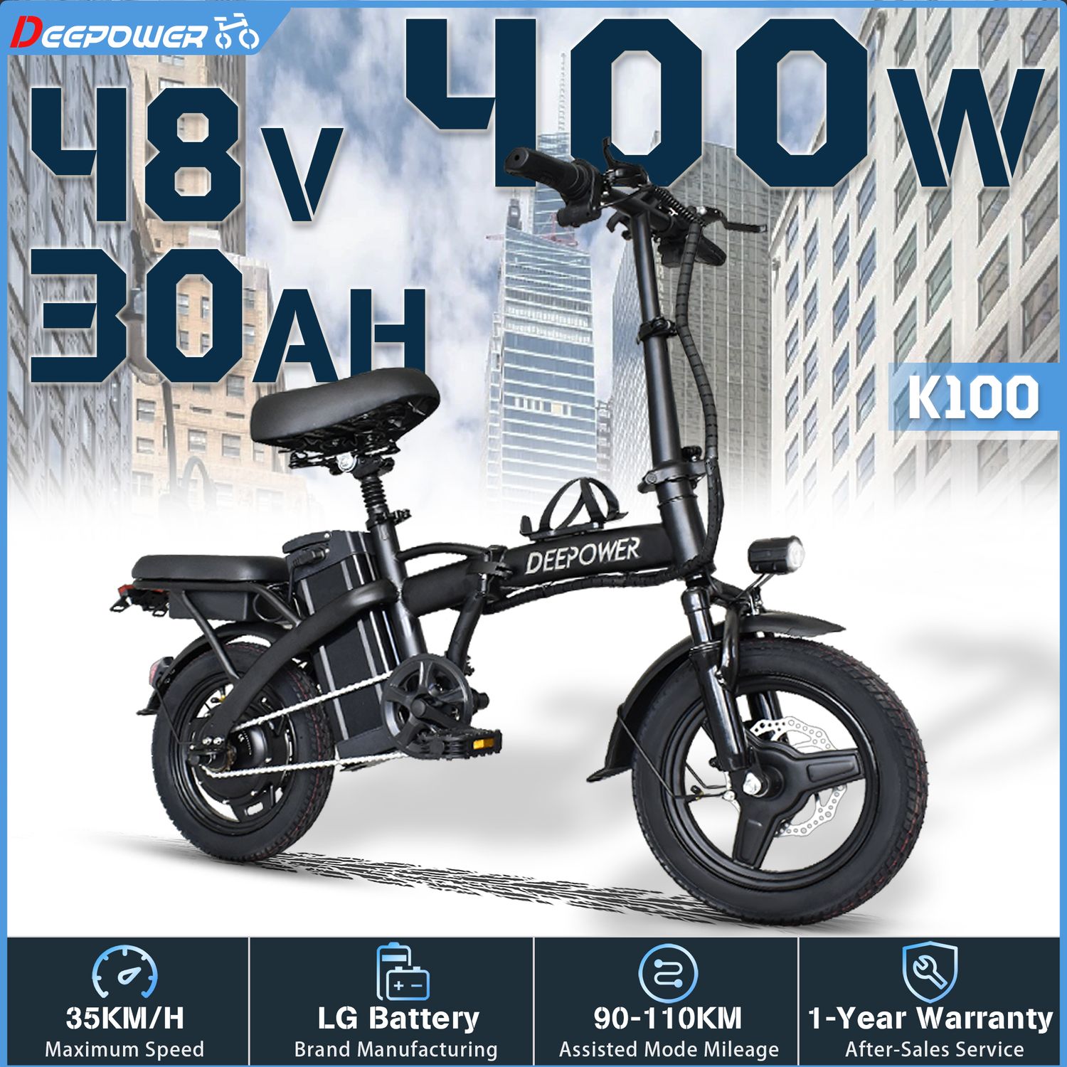 DEEPOWER K100 Electric Bike 400W 48V 10AH/30AH Foldable Adult Mini Ebike for City Commuters, Urban Commuting Electric Bicycle