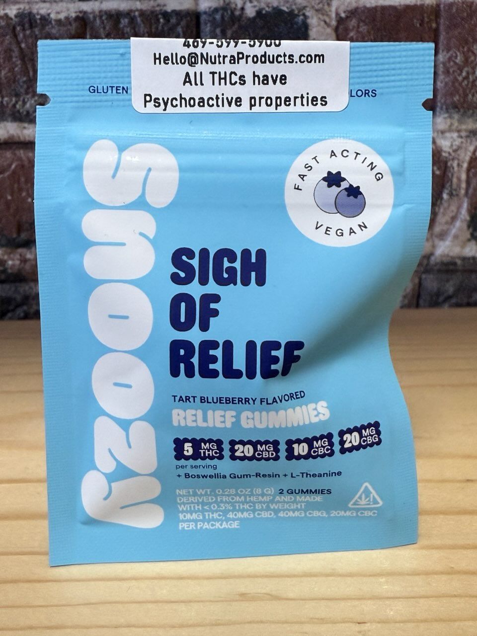 Snoozy Relief Gummies Tart Blueberry 5mg THC 20mg CBD 10mg CBC 20mg CBG 2pk