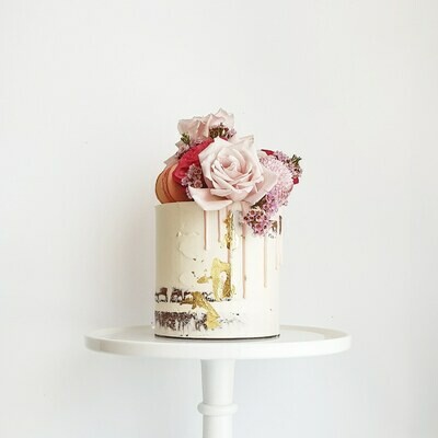 Semi Naked Buttercream Cake + Drip + Mixed Florals