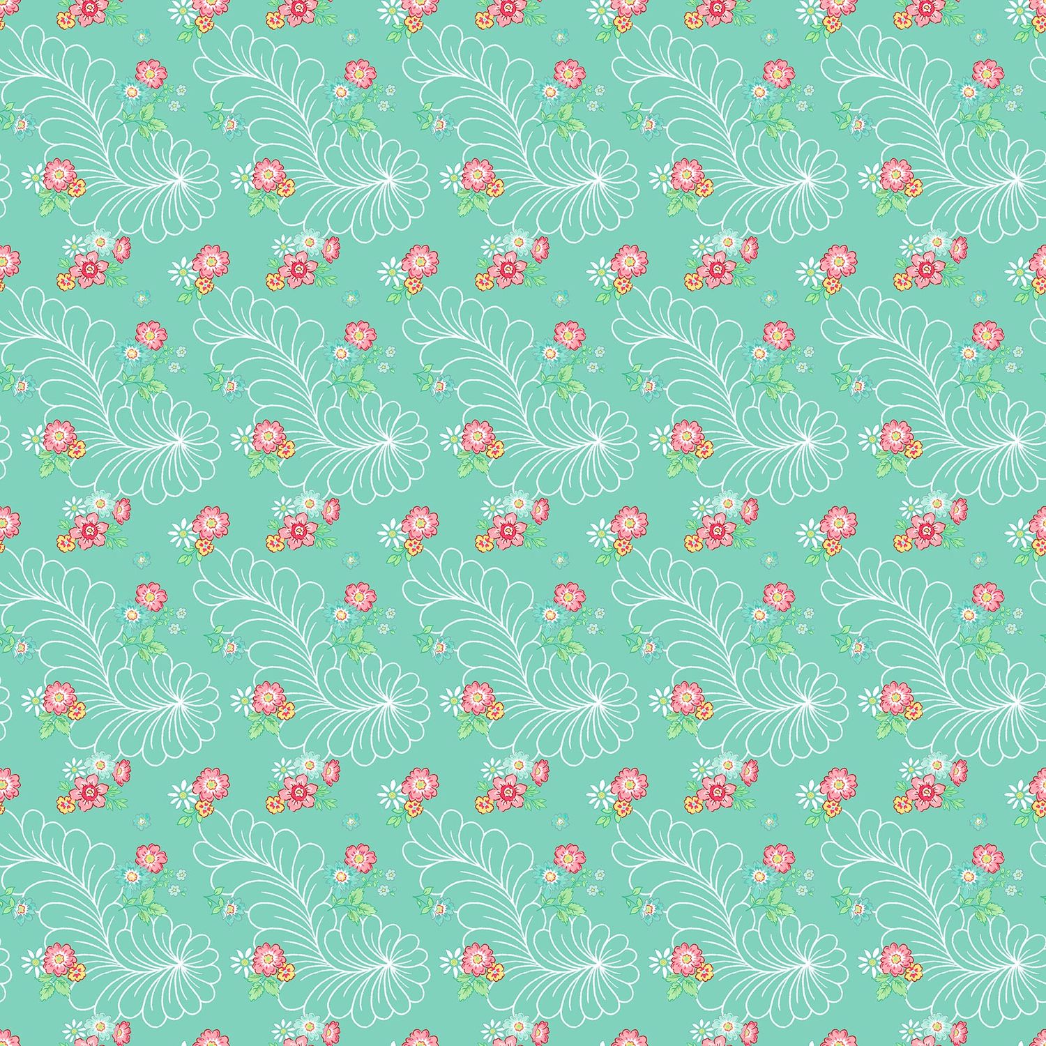 Quilting In Bloom - Feather Floral - Turquoise Multi